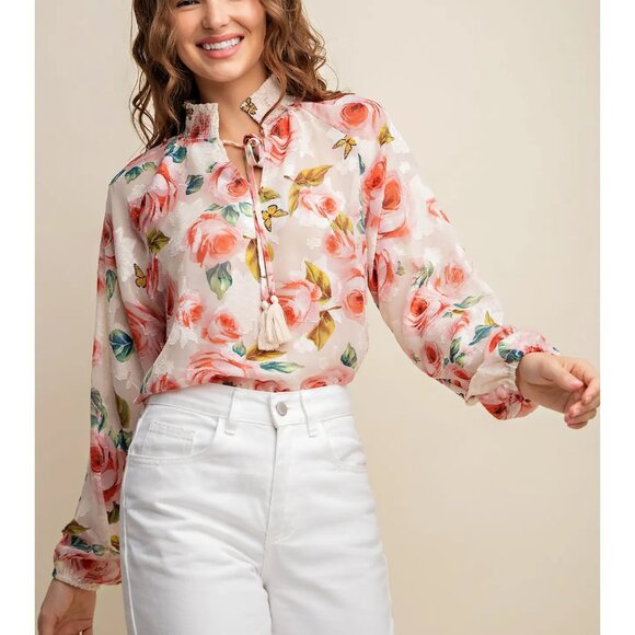 NWT CHIFFON BIG ROSE BUTTERFLY PRINTED SMOCKED DETAIL BLOUSE - Picture 5 of 5